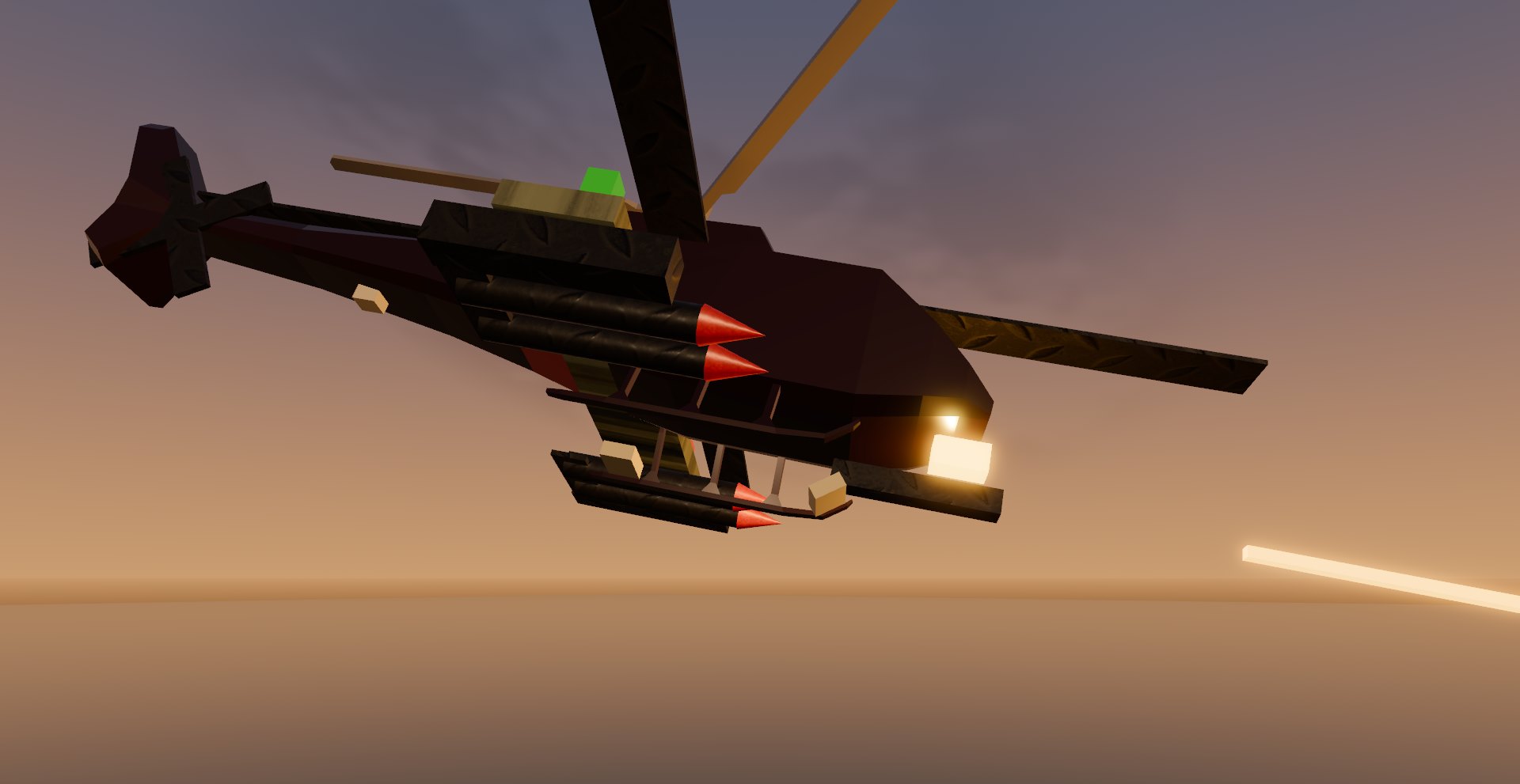 Close underside view of the gunship on an attack run, gun lit, rockets underwing