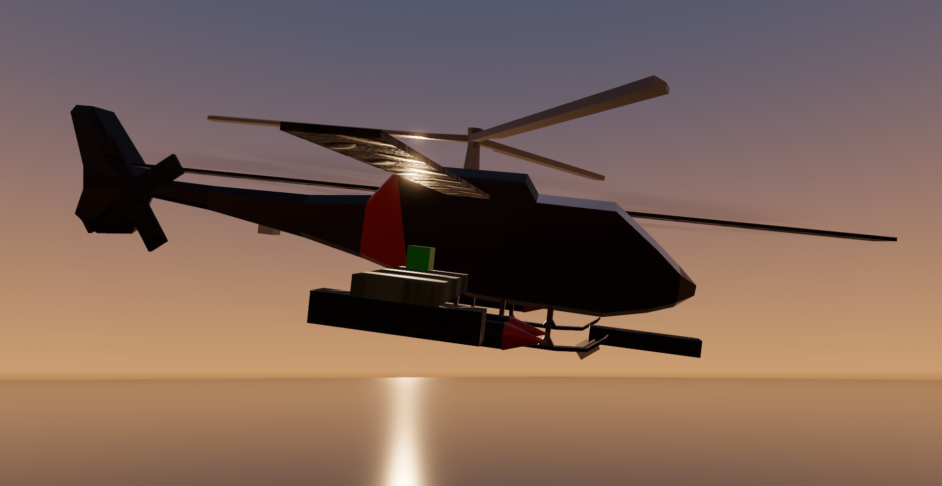 The gunship silhouetted in a low pass over sunset water