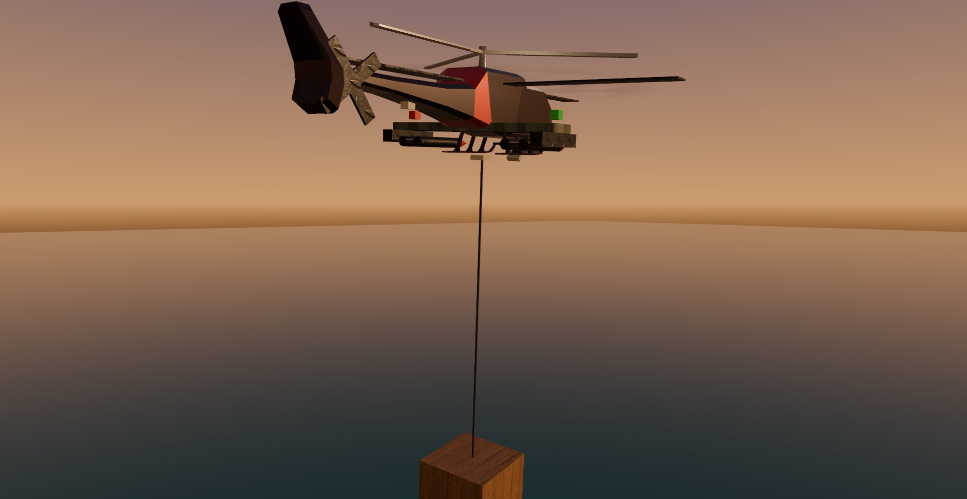 The gunship hovering with a crate on the winch line over the gulf